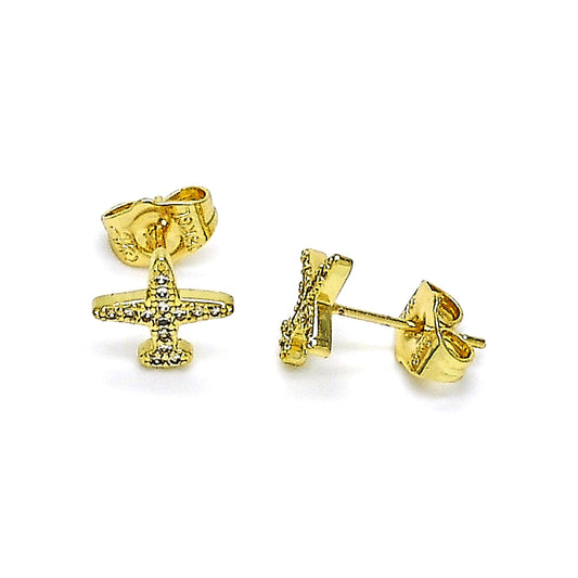 Oro Laminado Stud Earring, Gold Filled Style with White Micro Pave, Polished, Golden Finish