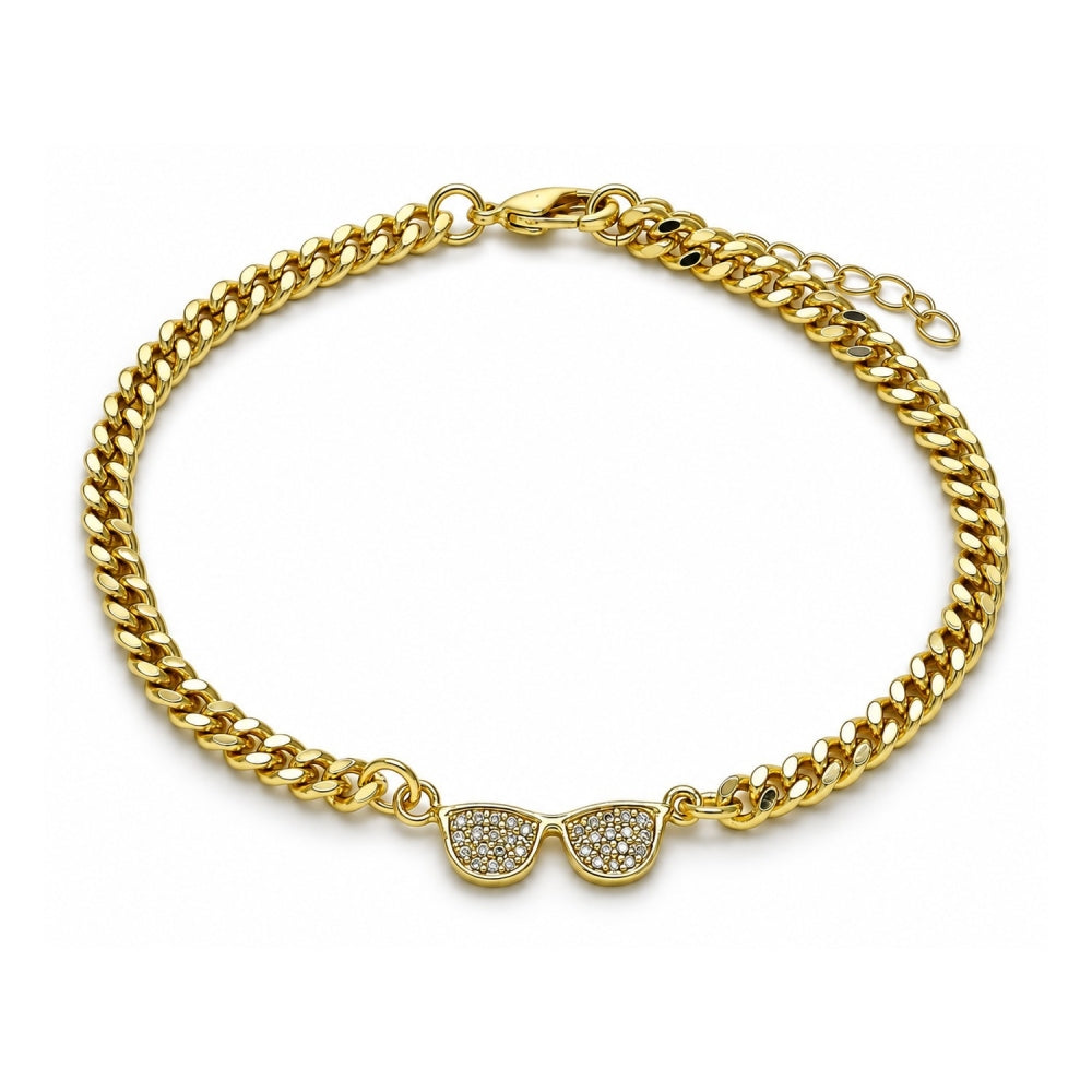Oro Laminado Fancy Bracelet, Gold Filled Style with White Micro Pave, Polished, Golden Finish