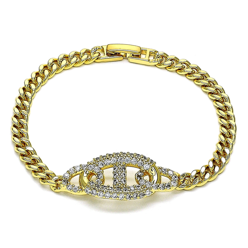 Oro Laminado Fancy Bracelet, Gold Filled Style with White Micro Pave, Polished, Golden Finish