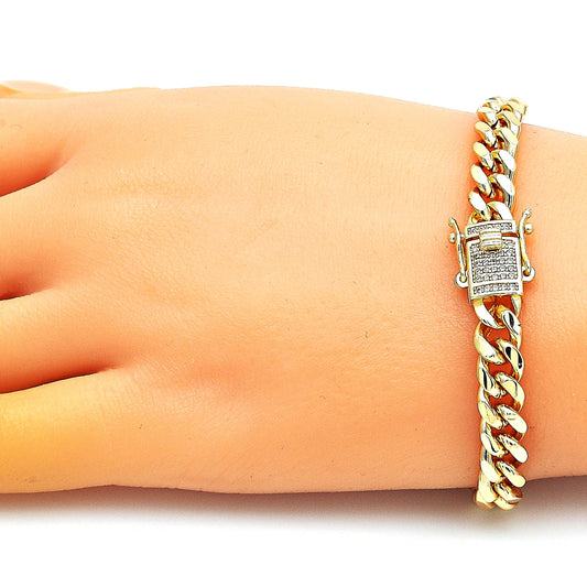 Oro Laminado Basic Bracelet, Gold Filled Style Miami Cuban Design, with White Micro Pave, Polished, Golden Finish