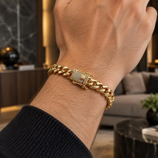 Oro Laminado Basic Bracelet, Gold Filled Style Miami Cuban and Box Lock Design, with White Micro Pave, Polished, Golden Finish