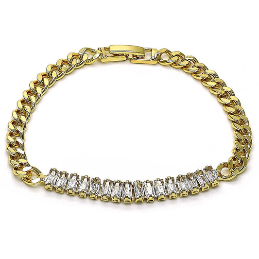 Oro Laminado Fancy Bracelet, Gold Filled Style Baguette Design, with White Cubic Zirconia, Polished, Golden Finish