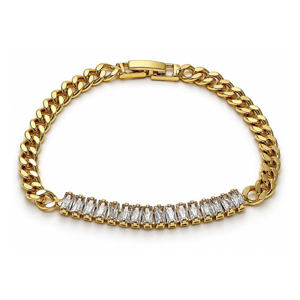 Oro Laminado Fancy Bracelet, Gold Filled Style Baguette Design, with White Cubic Zirconia, Polished, Golden Finish