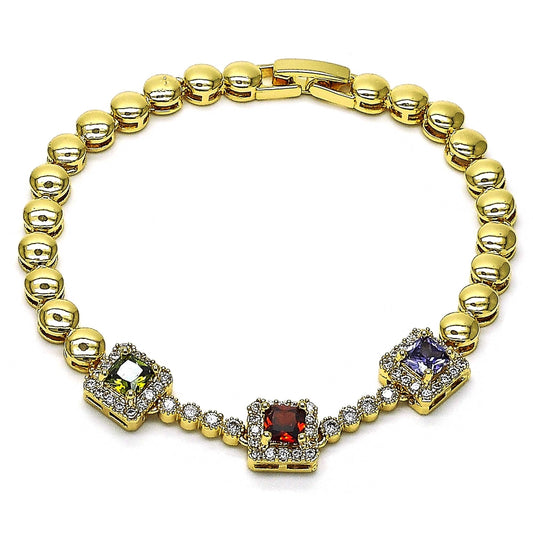 Oro Laminado Fancy Bracelet, Gold Filled Style with Multicolor Cubic Zirconia and White Micro Pave, Polished, Golden Finish