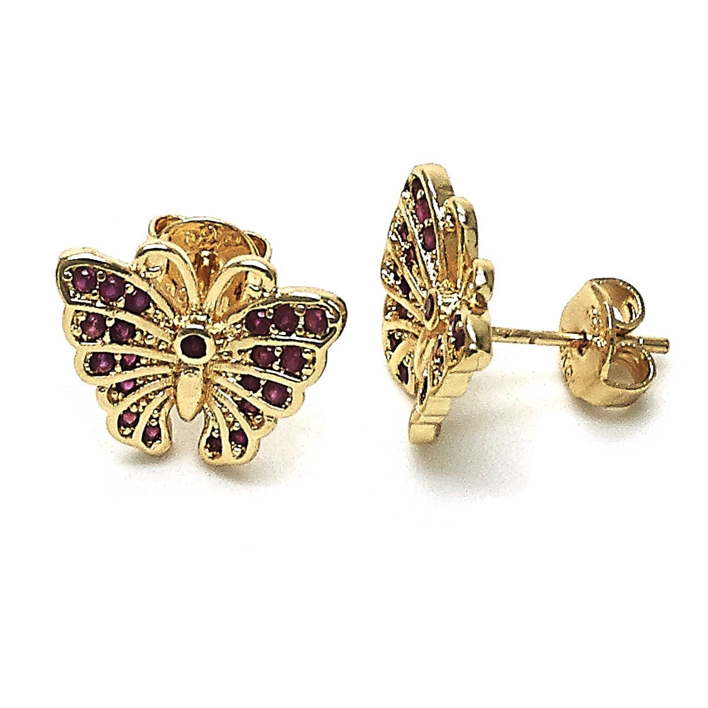 Oro Laminado Stud Earring, Gold Filled Style Butterfly Design, with Ruby Micro Pave, Polished, Golden Finish