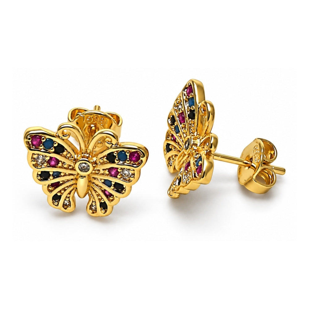 Oro Laminado Stud Earring, Gold Filled Style Butterfly Design, with Multicolor Micro Pave, Polished, Golden Finish