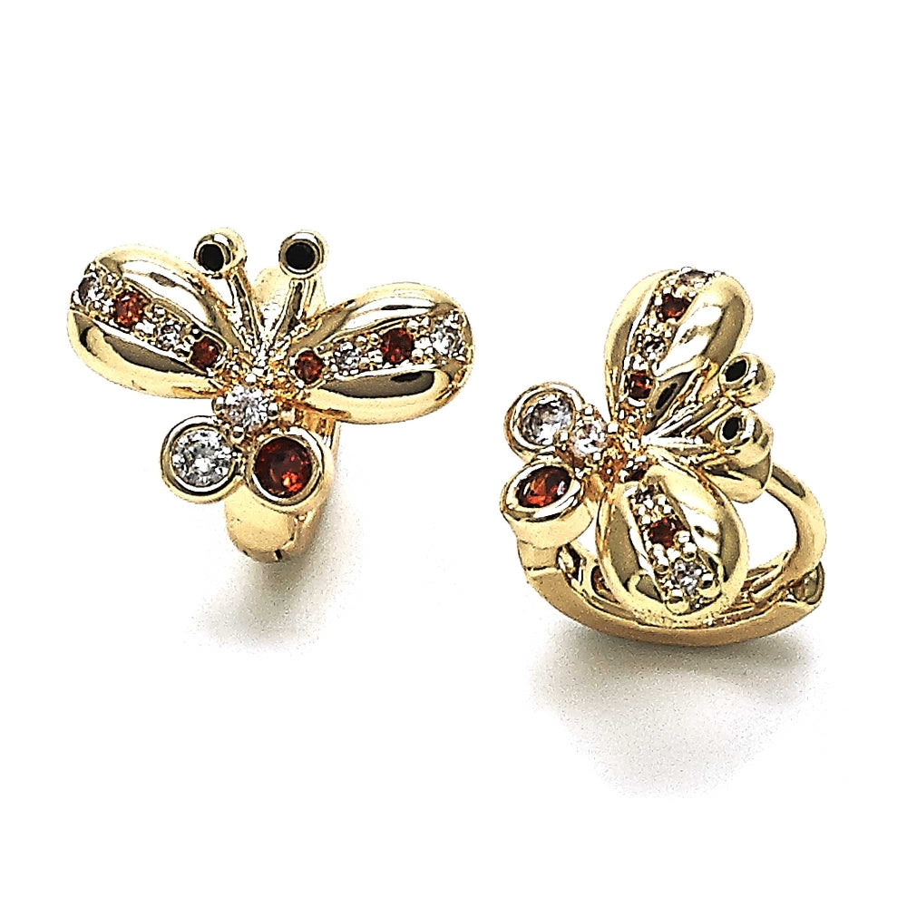 Oro Laminado Huggie Hoop, Gold Filled Style Butterfly Design, with Garnet Cubic Zirconia and White Micro Pave, Polished, Golden Finish