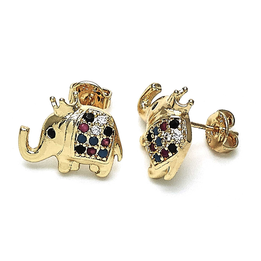 Oro Laminado Stud Earring, Gold Filled Style Elephant and Crown Design, with Multicolor Micro Pave, Polished, Golden Finish