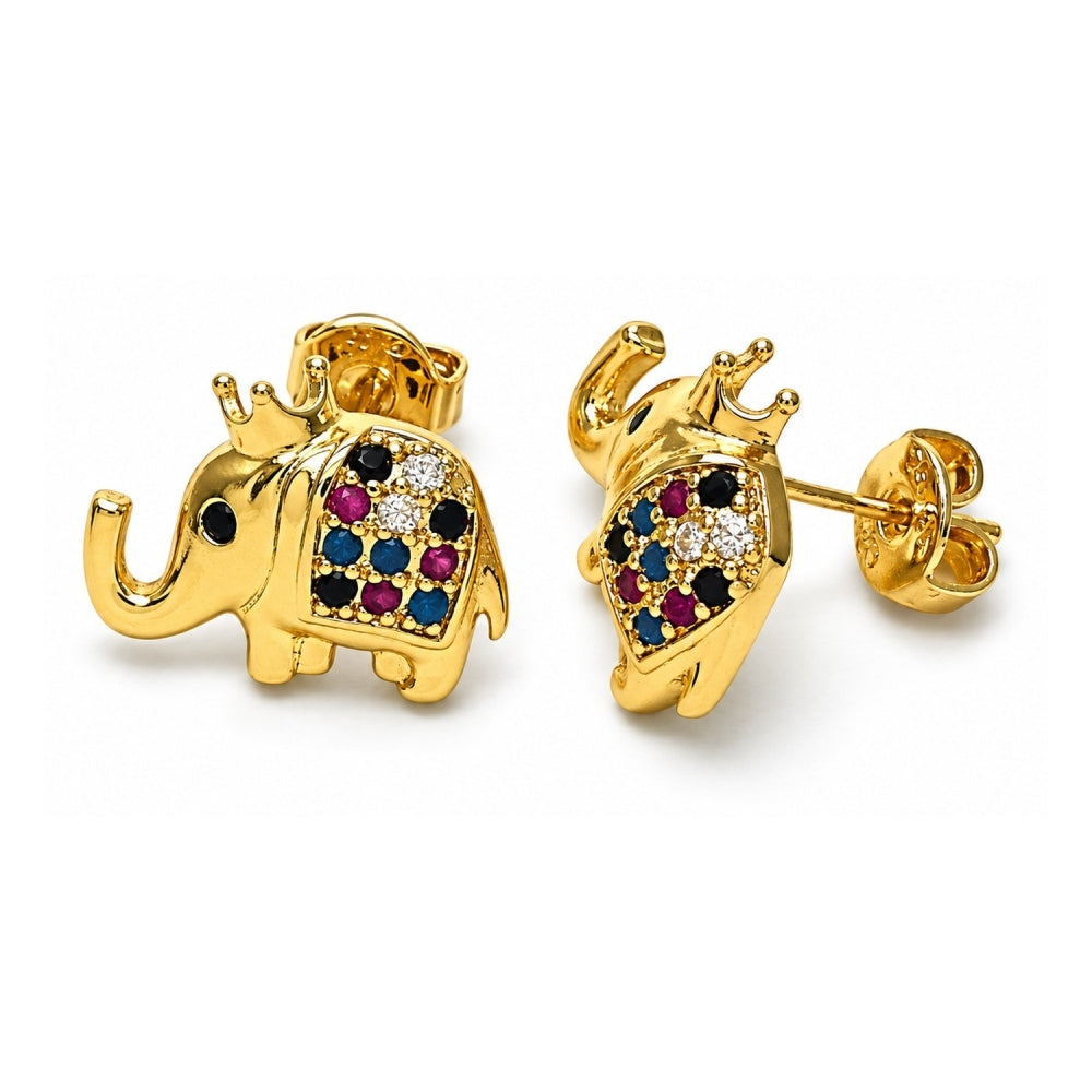 Oro Laminado Stud Earring, Gold Filled Style Elephant and Crown Design, with Multicolor Micro Pave, Polished, Golden Finish