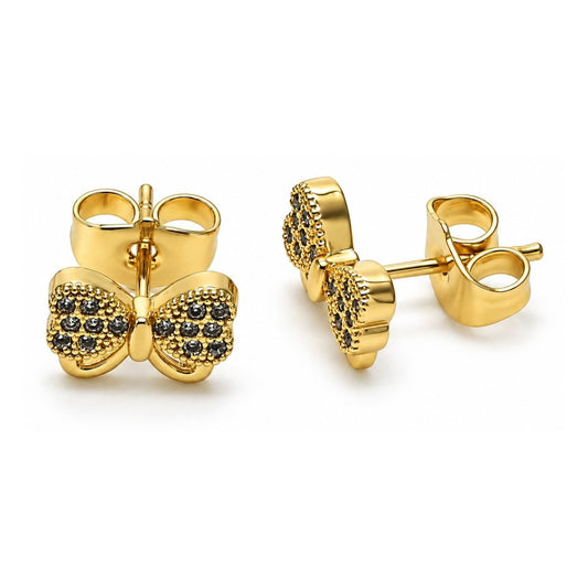 Oro Laminado Stud Earring, Gold Filled Style Bow Design, with White Micro Pave, Polished, Golden Finish