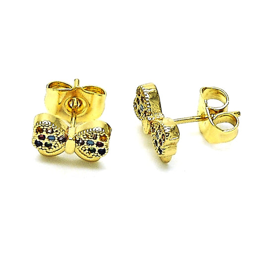 Oro Laminado Stud Earring, Gold Filled Style Bow Design, with Multicolor Micro Pave, Polished, Golden Finish