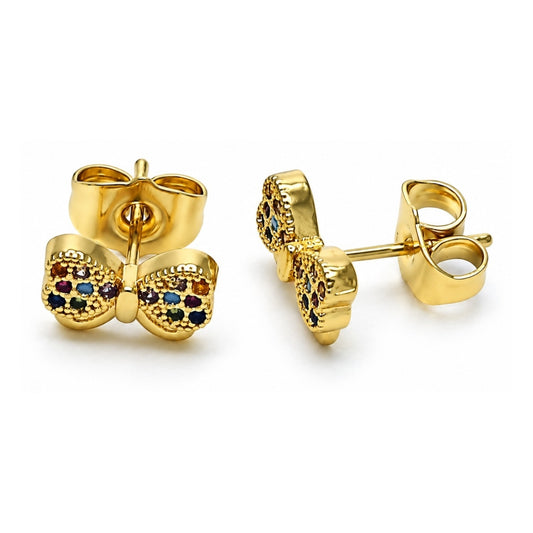 Oro Laminado Stud Earring, Gold Filled Style Bow Design, with Multicolor Micro Pave, Polished, Golden Finish