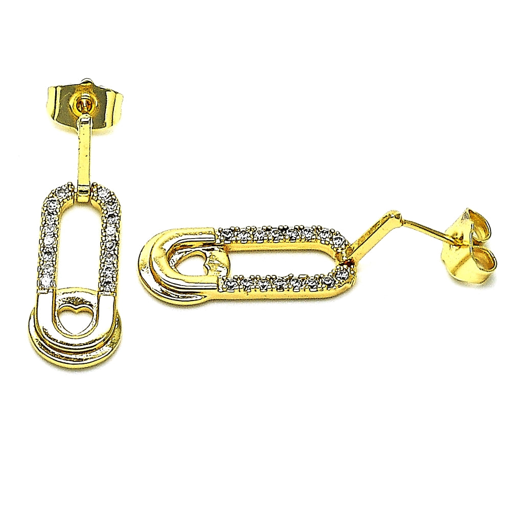 Oro Laminado Dangle Earring, Gold Filled Style Paperclip and Heart Design, with White Micro Pave, Polished, Golden Finish