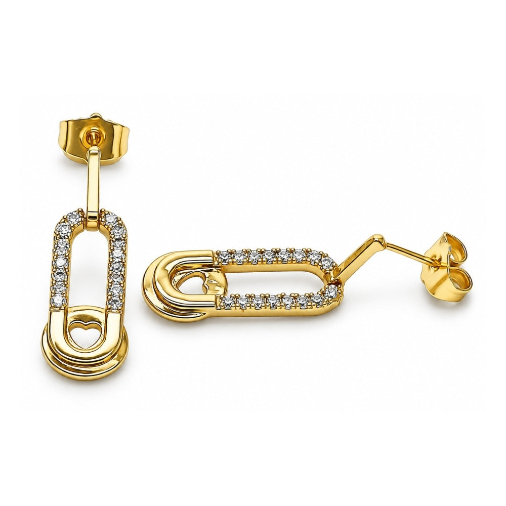 Oro Laminado Dangle Earring, Gold Filled Style Paperclip and Heart Design, with White Micro Pave, Polished, Golden Finish