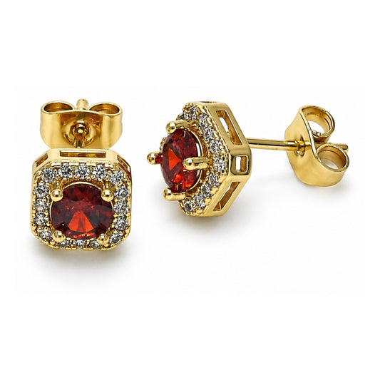 Oro Laminado Stud Earring, Gold Filled Style with Garnet Cubic Zirconia and White Micro Pave, Polished, Golden Finish
