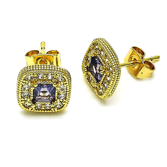 Oro Laminado Stud Earring, Gold Filled Style with Amethyst Cubic Zirconia and White Micro Pave, Polished, Golden Finish