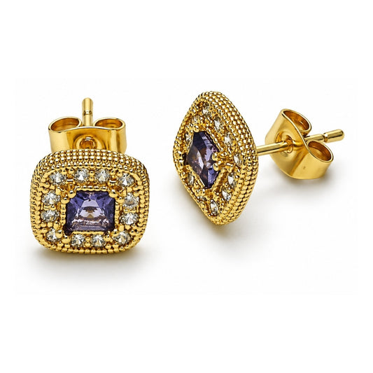 Oro Laminado Stud Earring, Gold Filled Style with Amethyst Cubic Zirconia and White Micro Pave, Polished, Golden Finish