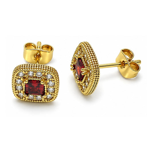 Oro Laminado Stud Earring, Gold Filled Style with Garnet Cubic Zirconia and White Micro Pave, Polished, Golden Finish