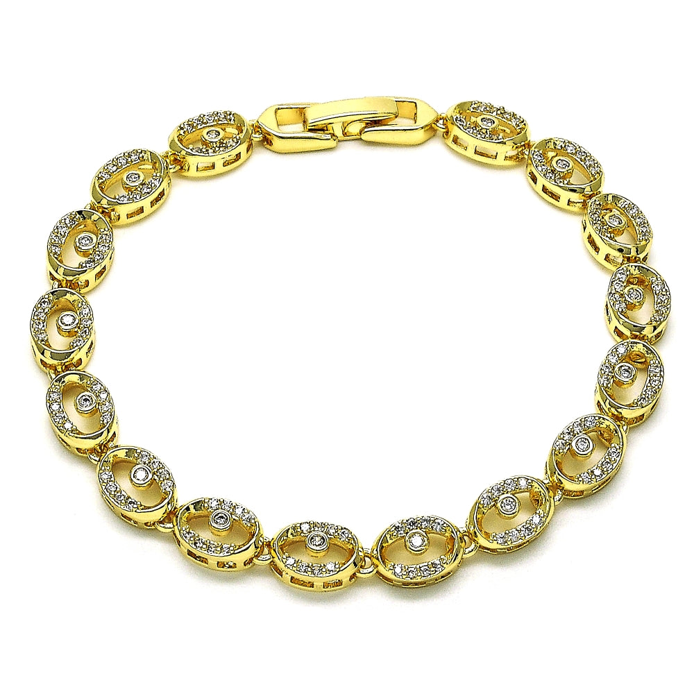 Oro Laminado Fancy Bracelet, Gold Filled Style Evil Eye Design, with White Micro Pave, Polished, Golden Finish