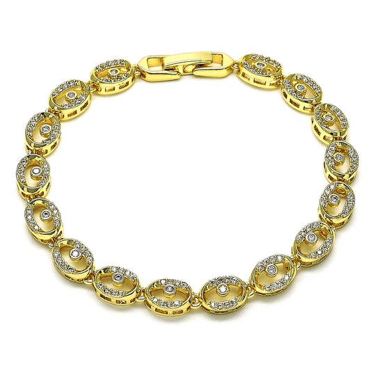 Oro Laminado Fancy Bracelet, Gold Filled Style Evil Eye Design, with White Micro Pave, Polished, Golden Finish