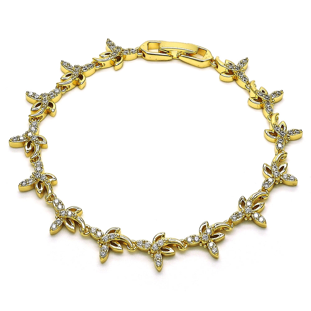 Oro Laminado Fancy Bracelet, Gold Filled Style Dragon-Fly Design, with White Micro Pave, Polished, Golden Finish