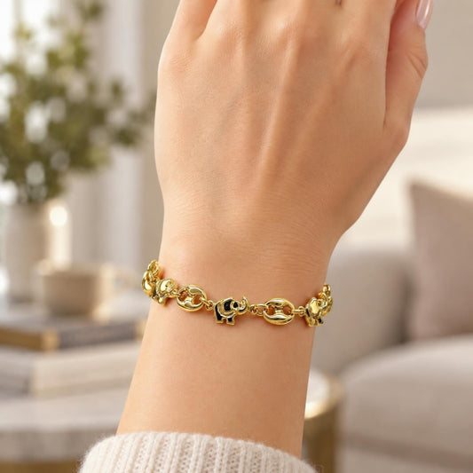 Oro Laminado Fancy Bracelet, Gold Filled Style Elephant and Paperclip Design, Polished, Golden Finish