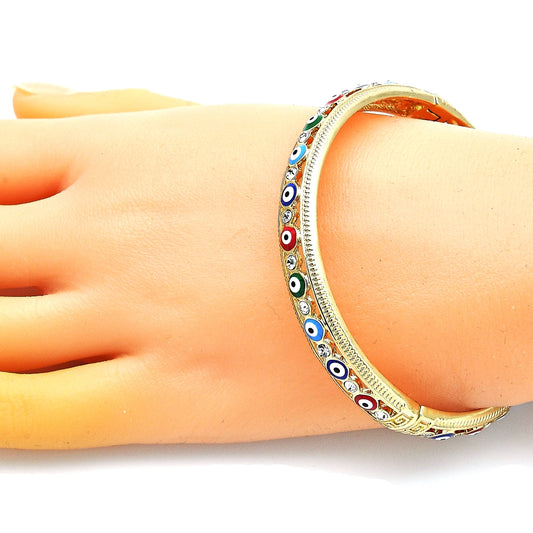 Oro Laminado Individual Bangle, Gold Filled Style Evil Eye Design, with White Crystal, Multicolor Enamel Finish, Golden Finish
