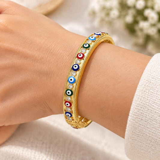 Oro Laminado Individual Bangle, Gold Filled Style Evil Eye Design, with White Crystal, Multicolor Enamel Finish, Golden Finish