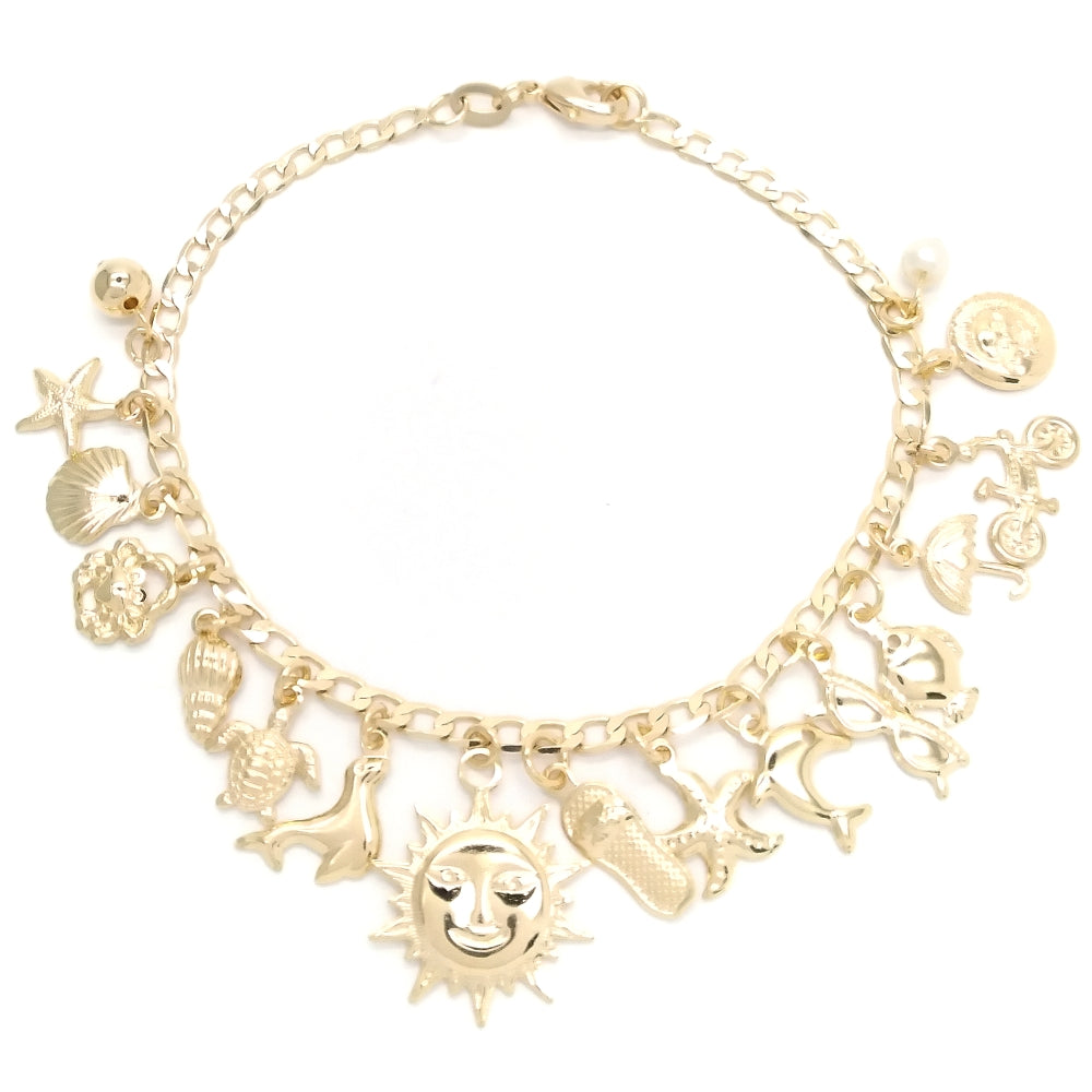 Oro Laminado Charm Bracelet, Gold Filled Style Sun and Bird Design, with Ivory Pearl, Polished, Golden Finish