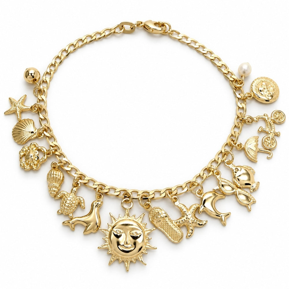 Oro Laminado Charm Bracelet, Gold Filled Style Sun and Bird Design, with Ivory Pearl, Polished, Golden Finish
