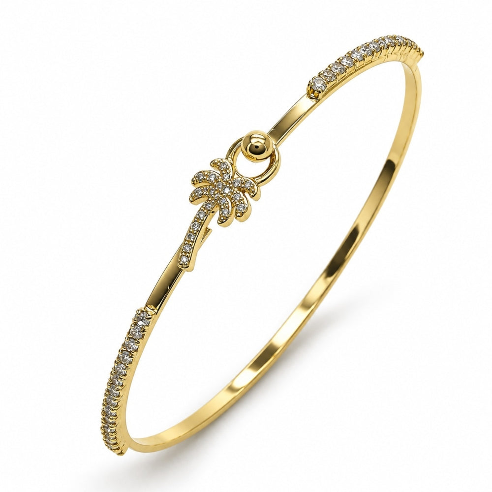 Oro Laminado Individual Bangle, Gold Filled Style Palm Tree Design, with White Micro Pave and White Crystal, Polished, Golden Finish