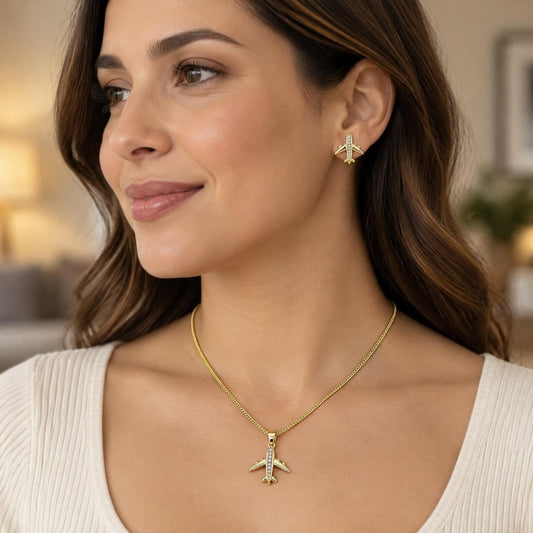 Oro Laminado Earring and Pendant Adult Set, Gold Filled Style Airplane Design, with White Micro Pave, Polished, Golden Finish