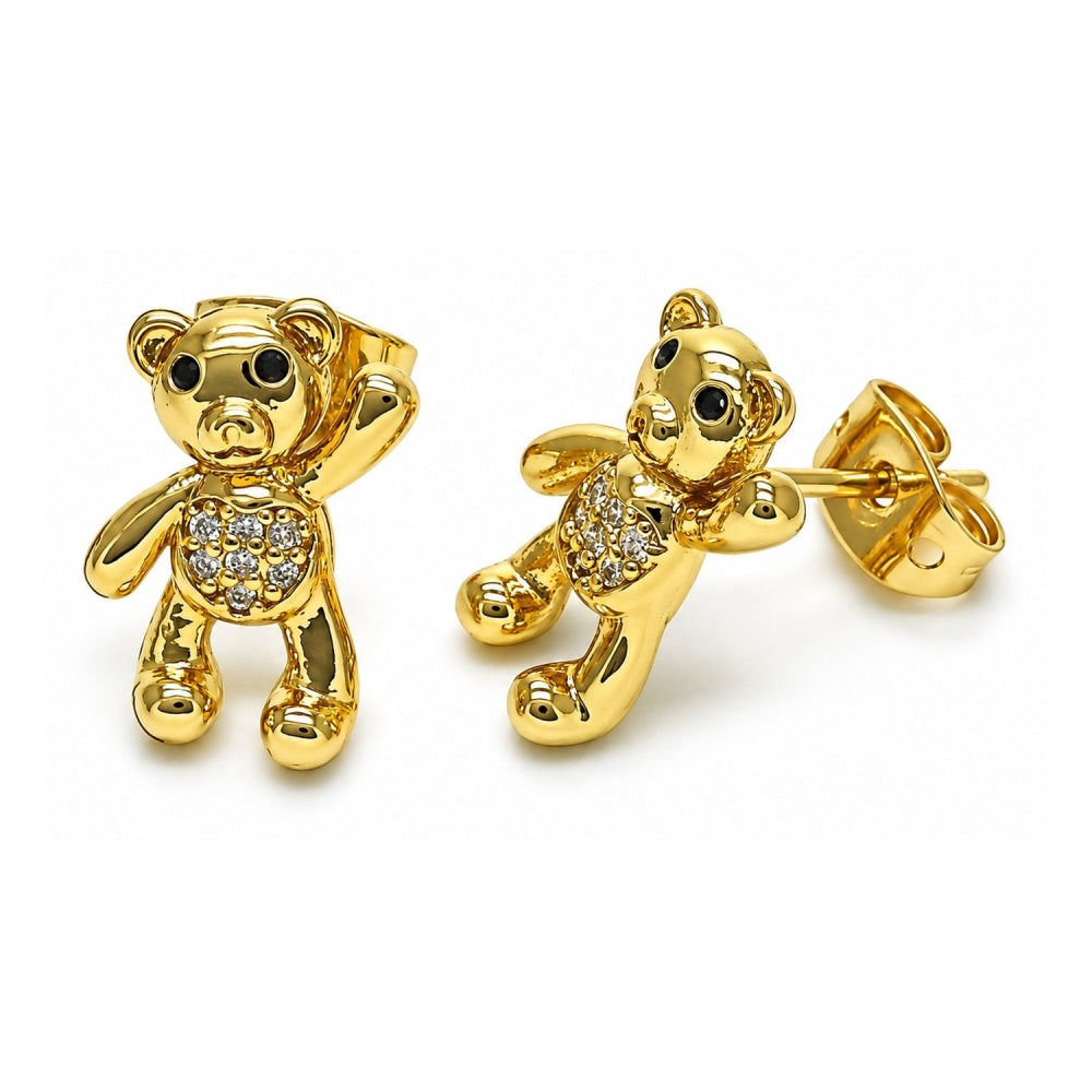 Oro Laminado Stud Earring, Gold Filled Style Teddy Bear Design, with White and Black Micro Pave, Polished, Golden Finish