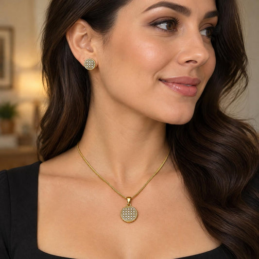 Oro Laminado Earring and Pendant Adult Set, Gold Filled Style with White Micro Pave, Polished, Golden Finish
