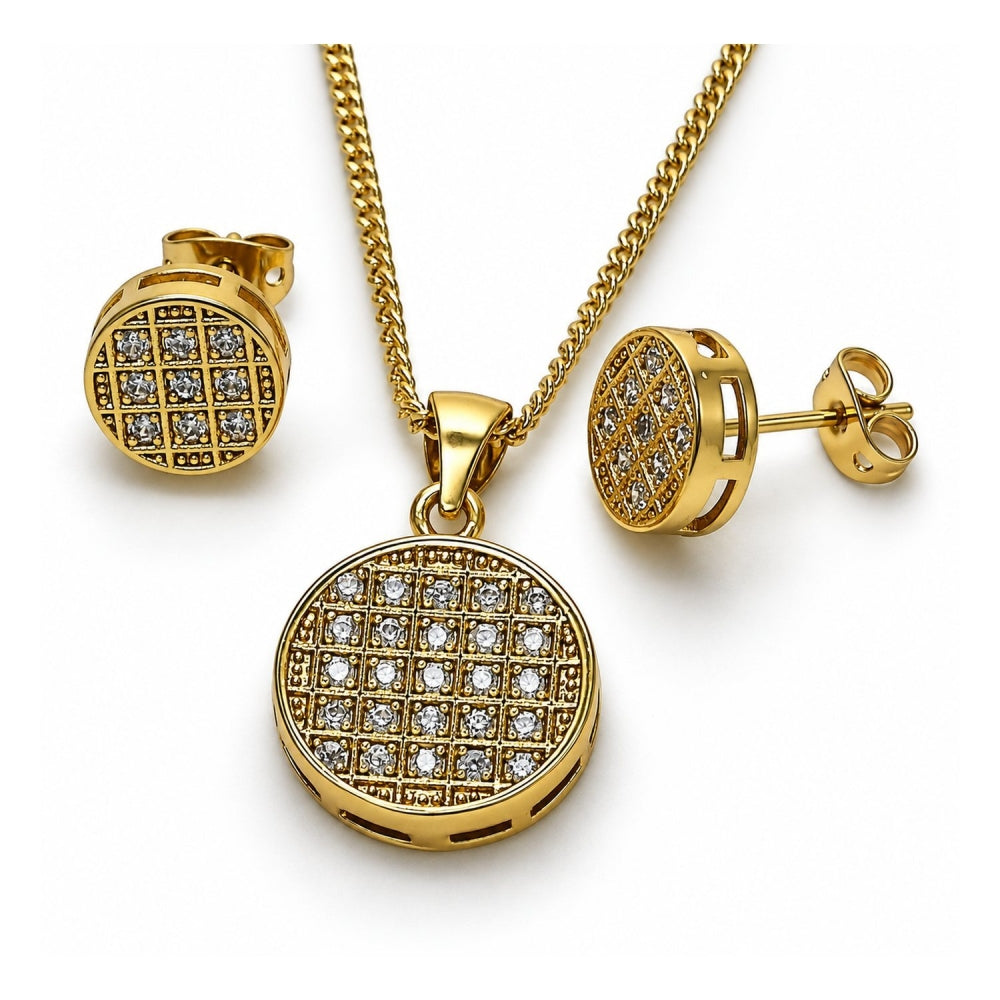 Oro Laminado Earring and Pendant Adult Set, Gold Filled Style with White Micro Pave, Polished, Golden Finish