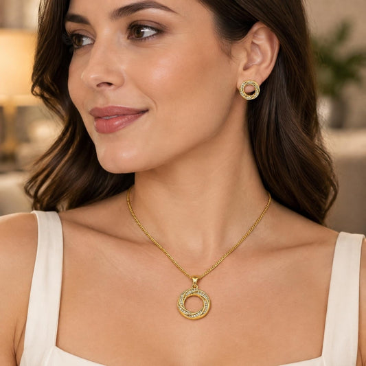Oro Laminado Earring and Pendant Adult Set, Gold Filled Style with White Micro Pave, Polished, Golden Finish