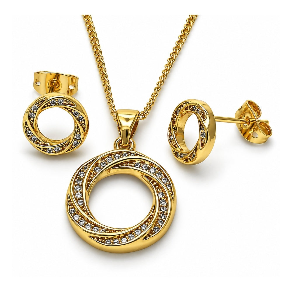 Oro Laminado Earring and Pendant Adult Set, Gold Filled Style with White Micro Pave, Polished, Golden Finish
