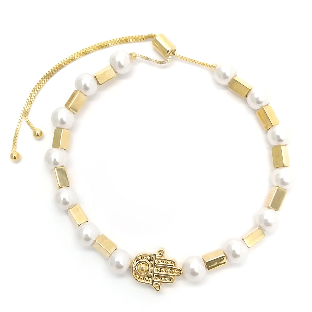 Oro Laminado Adjustable Bolo Bracelet, Gold Filled Style Judaica and Hand of God Design, with White Pearl, Polished, Golden Finish