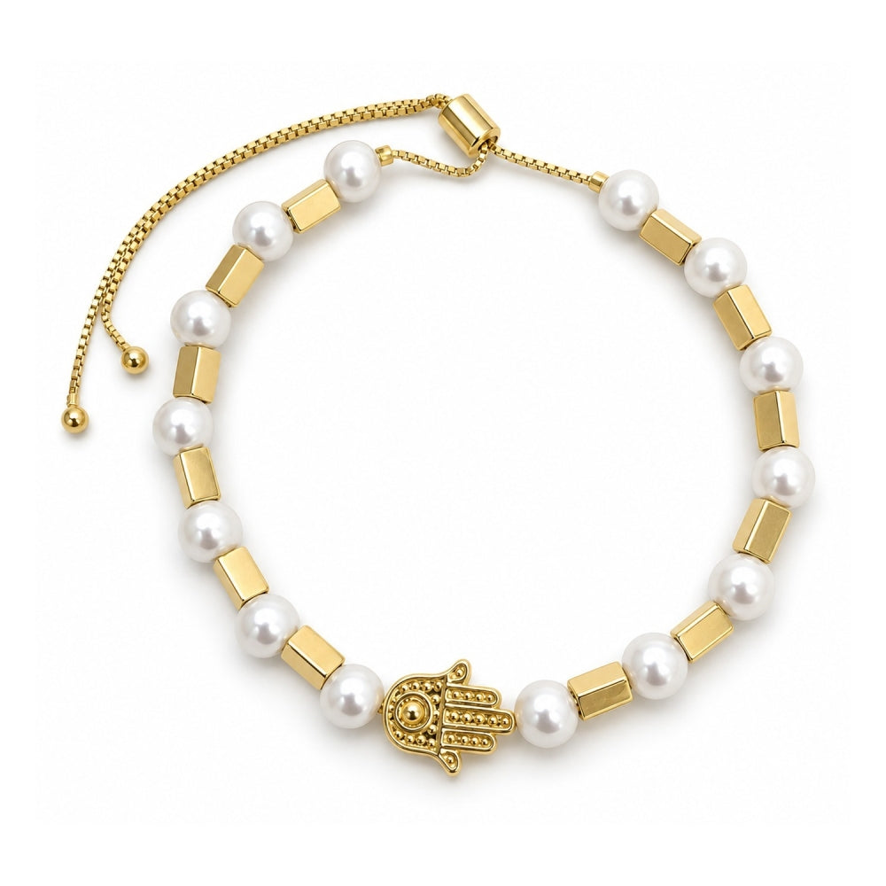Oro Laminado Adjustable Bolo Bracelet, Gold Filled Style Judaica and Hand of God Design, with White Pearl, Polished, Golden Finish