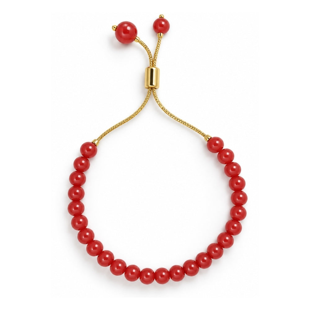Oro Laminado Adjustable Bolo Bracelet, Gold Filled Style Ball Design, with Garnet Pearl, Polished, Golden Finish