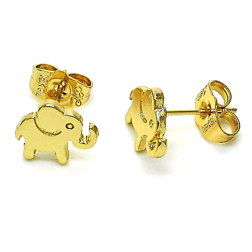 Oro Laminado Stud Earring, Gold Filled Style Elephant Design, Polished, Golden Finish