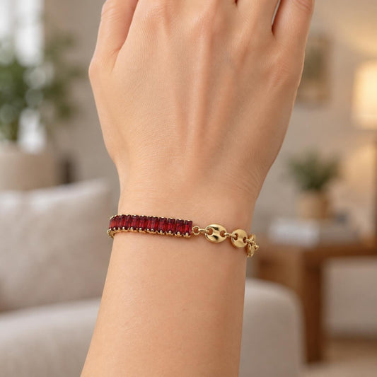 Oro Laminado Fancy Bracelet, Gold Filled Style Puff Mariner and Baguette Design, with Garnet Cubic Zirconia, Polished, Golden Finish