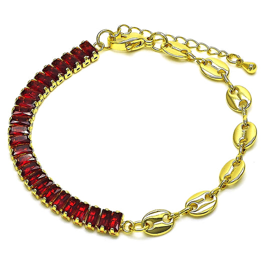 Oro Laminado Fancy Bracelet, Gold Filled Style Puff Mariner and Baguette Design, with Garnet Cubic Zirconia, Polished, Golden Finish