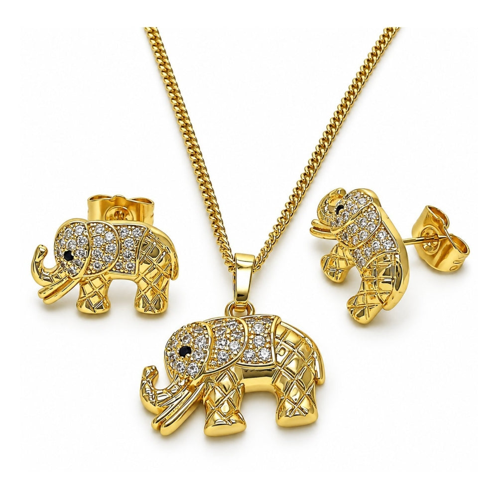 Oro Laminado Earring and Pendant Adult Set, Gold Filled Style Elephant Design, with White and Black Micro Pave, Polished, Golden Finish
