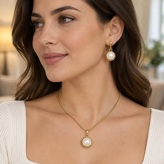 Oro Laminado Earring and Pendant Adult Set, Gold Filled Style with Ivory Pearl, Polished, Golden Finish