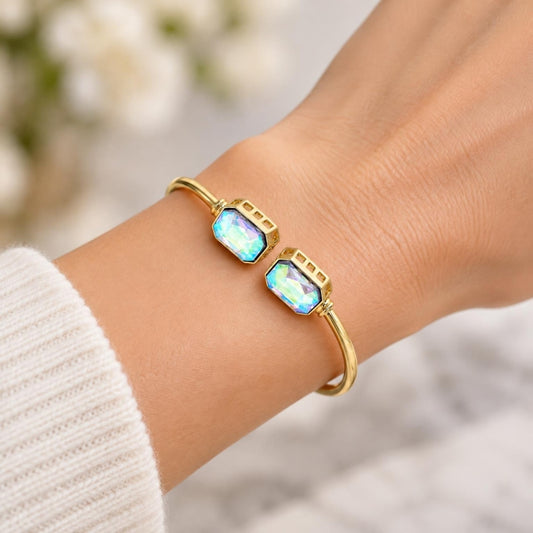 Oro Laminado Individual Bangle, Gold Filled Style with Aurore Boreale Crystal, Polished, Golden Finish