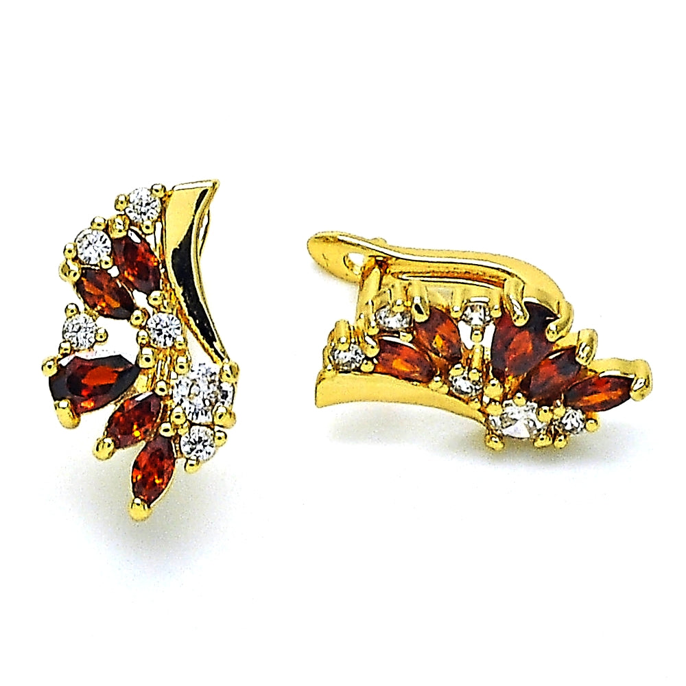 Oro Laminado Huggie Hoop, Gold Filled Style Wings and Teardrop Design, with Garnet and White Cubic Zirconia, Polished, Golden Finish