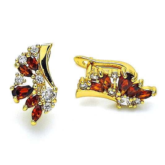Oro Laminado Huggie Hoop, Gold Filled Style Wings and Teardrop Design, with Garnet and White Cubic Zirconia, Polished, Golden Finish