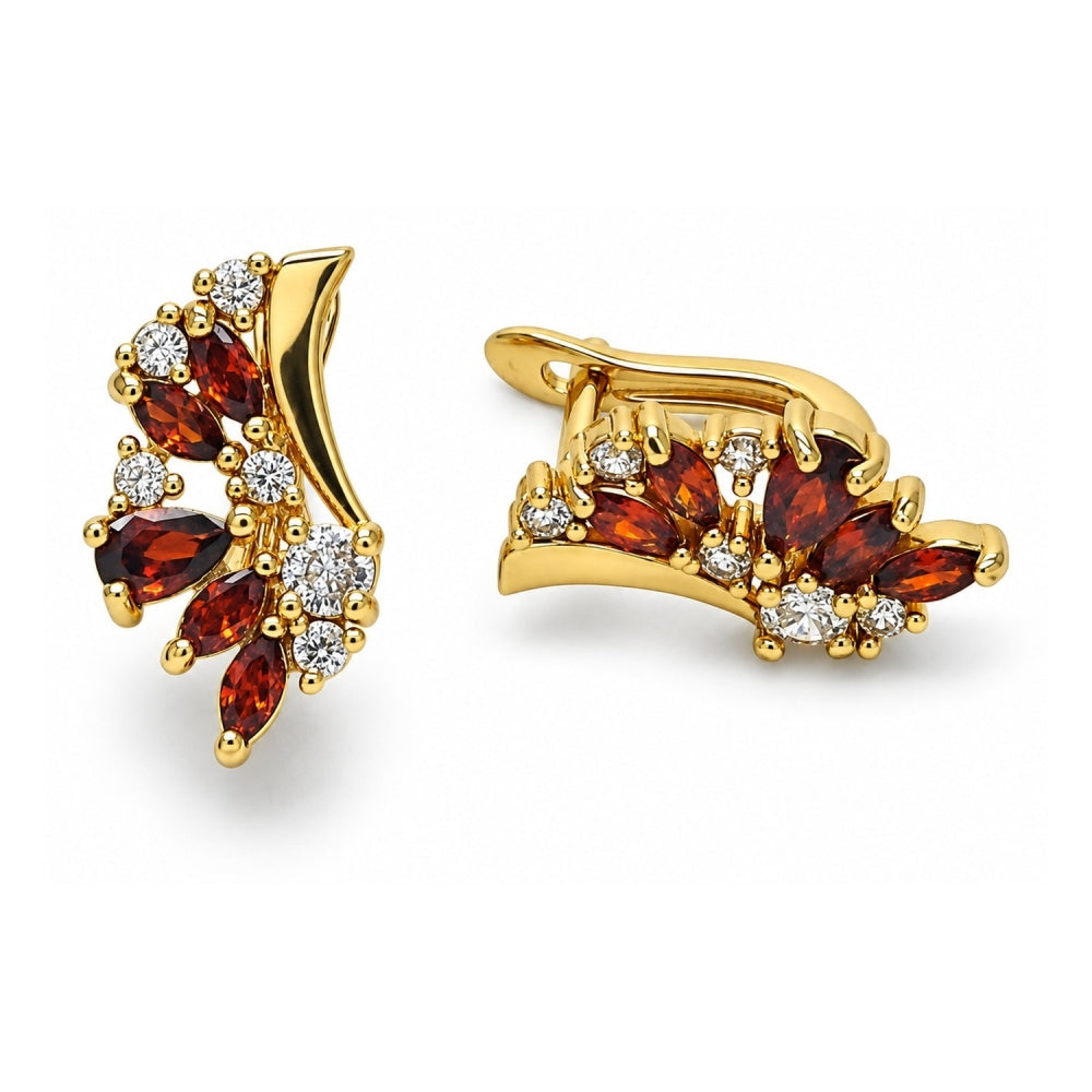 Oro Laminado Huggie Hoop, Gold Filled Style Wings and Teardrop Design, with Garnet and White Cubic Zirconia, Polished, Golden Finish