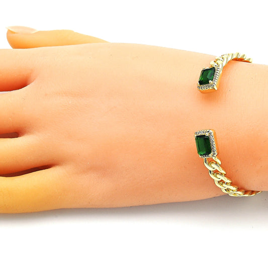 Oro Laminado Individual Bangle, Gold Filled Style Miami Cuban Design, with Green Cubic Zirconia and White Micro Pave, Polished, Golden Finish